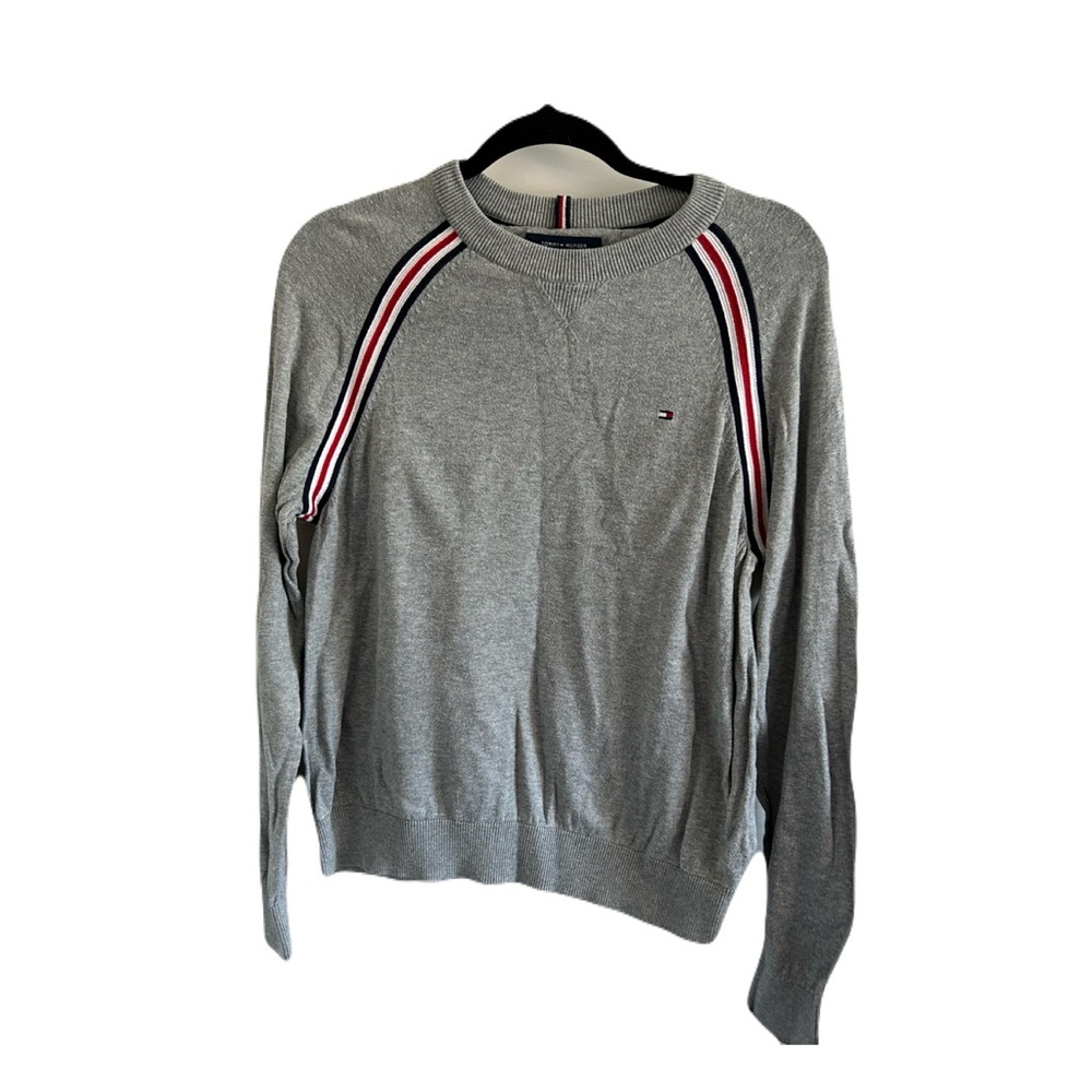 TOMMY HILFIGER Gray Logo Crewneck Sweater Sz M Sport Stripe Raglan Preppy - Picture 14 of 15